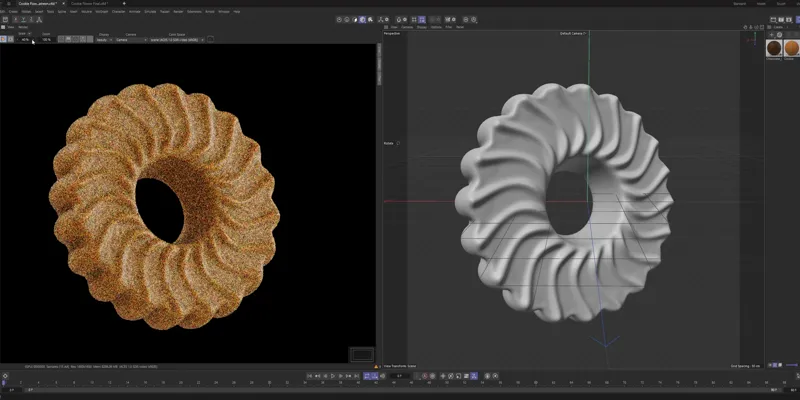 Cinema 4D with a grainy render of the cookie, at 0:23 of the lesson