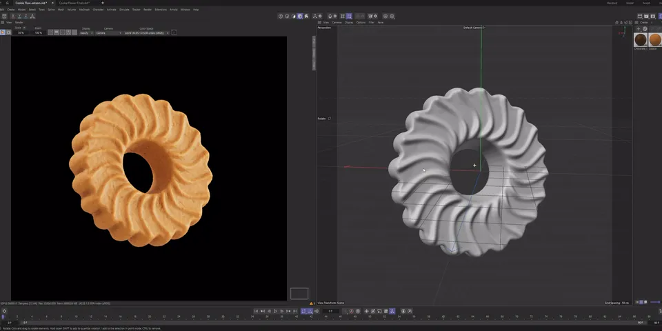 Cinema 4D with the cookie project open: the render on the left, the model on the right